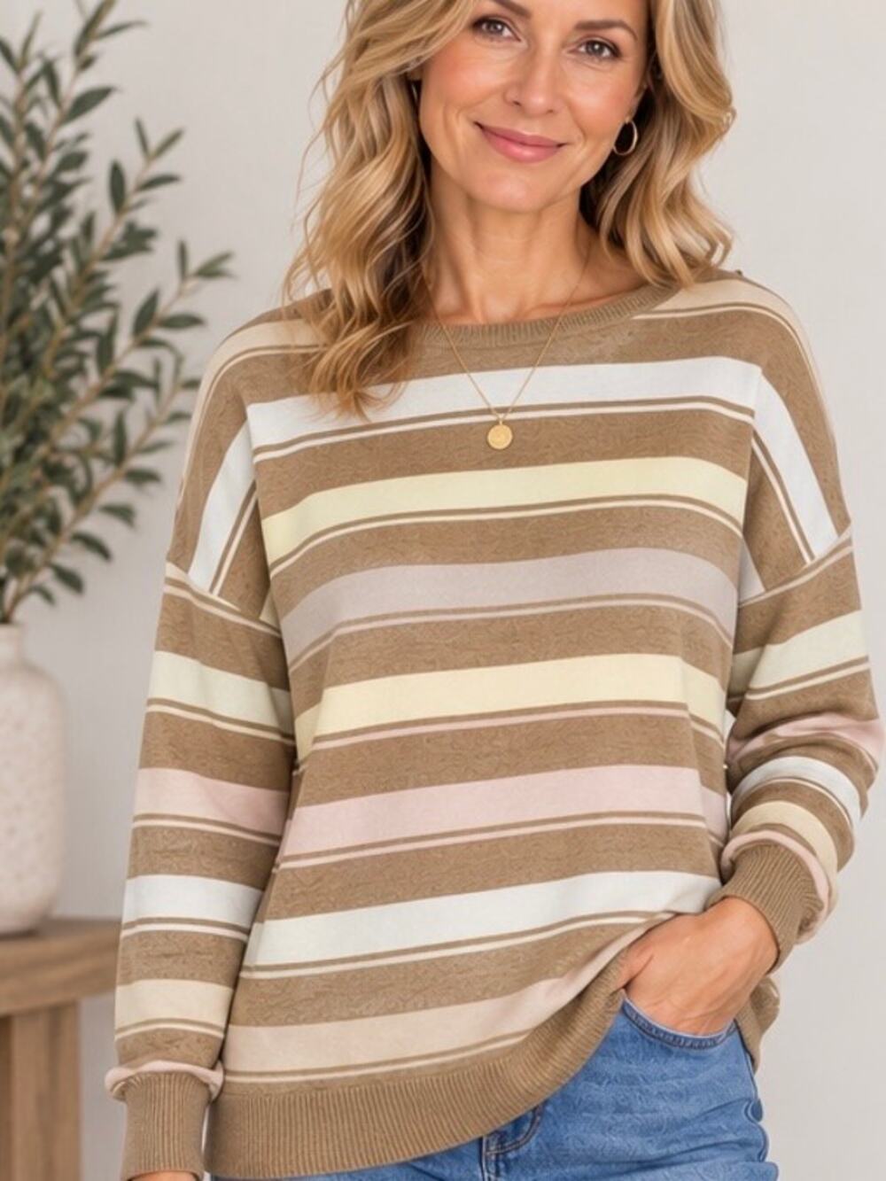 J Jill Striped Sweater Womens Medium Tan Beige Pink Yellow Relaxed Pullover